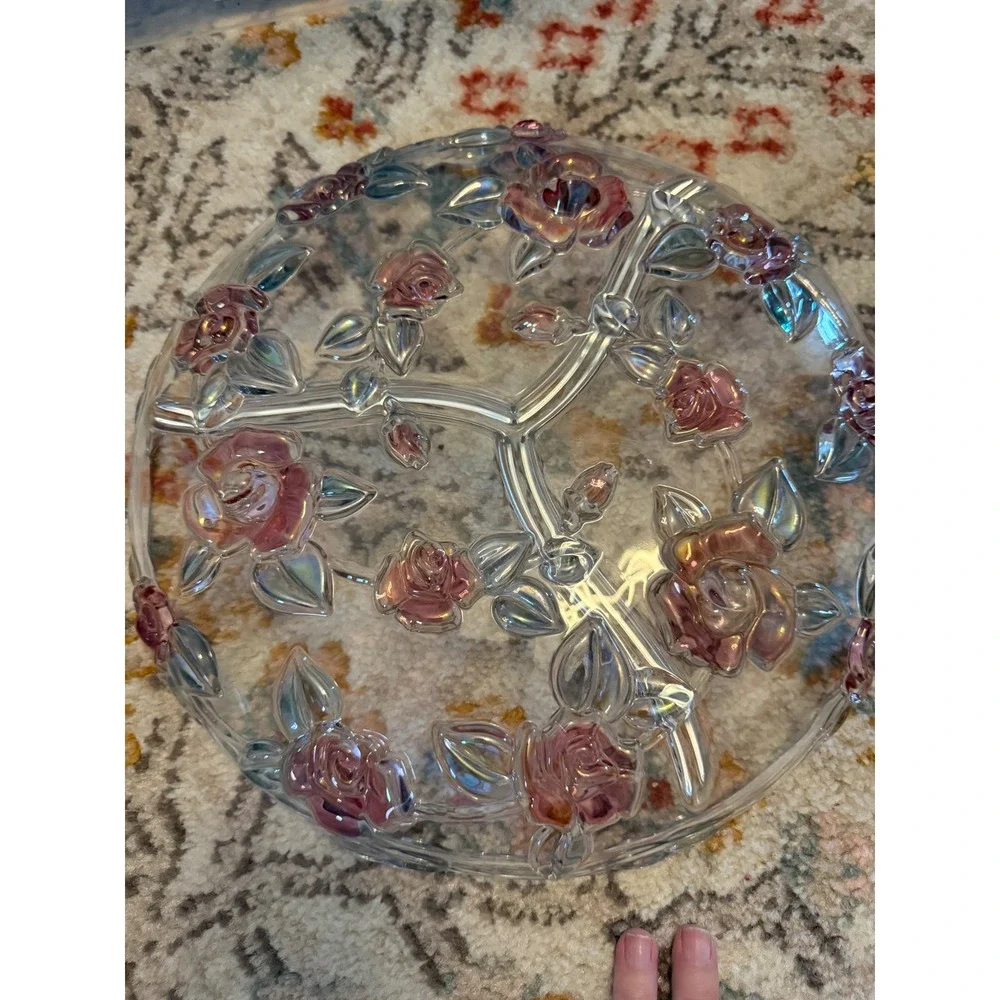 Vintage Style Pink Embossed Rose Iridescent Glass 3 Section Divided Serving Tray